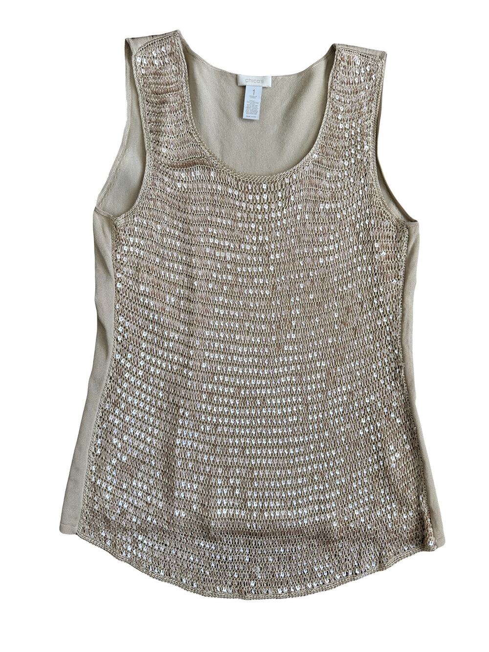 Chicos Beige Sequin Crochet Knit Sleeveless Tank Top Size 1 M Boho Festival Y2K